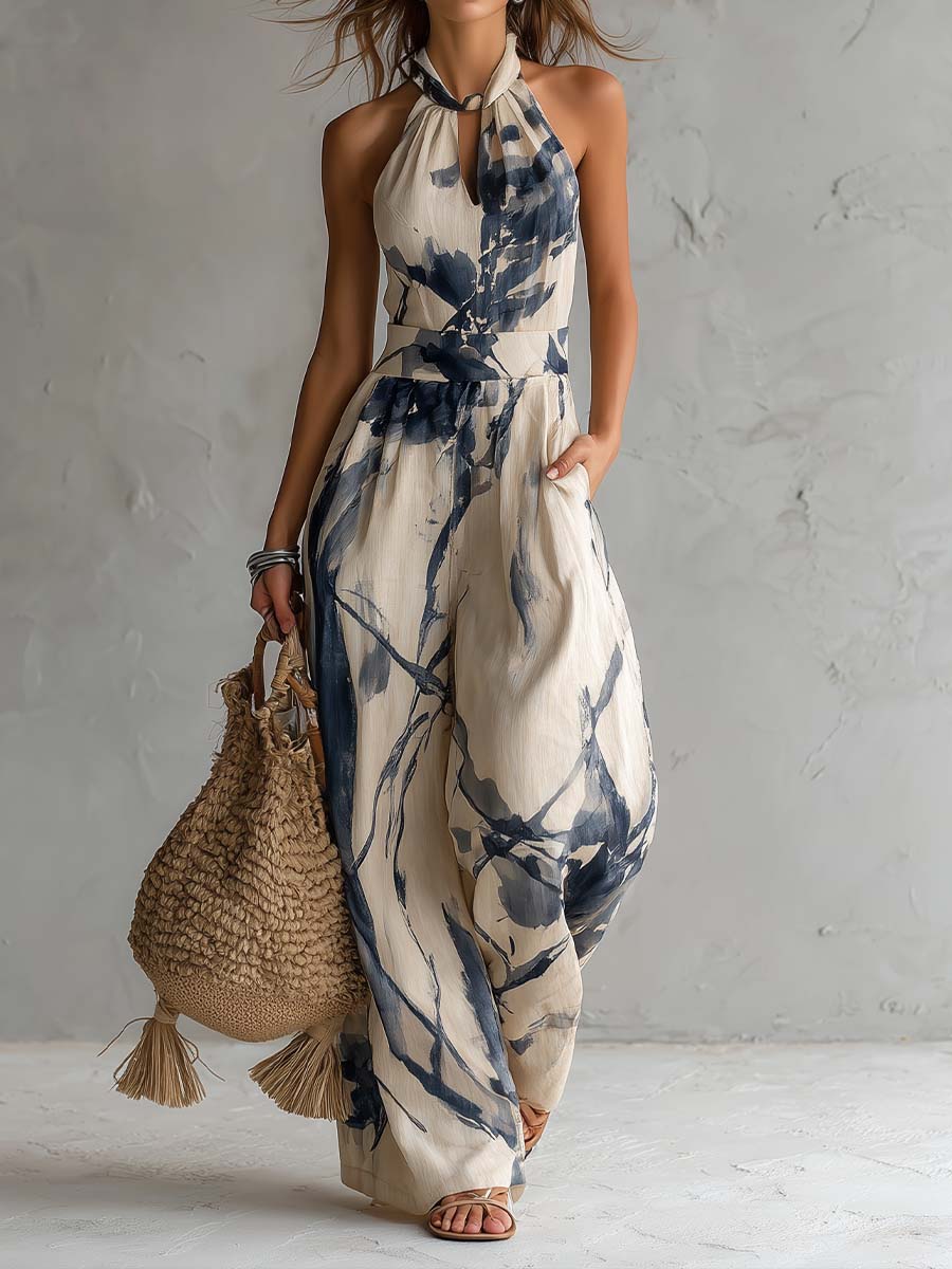 Halter Neck Jumpsuit with Ink Print