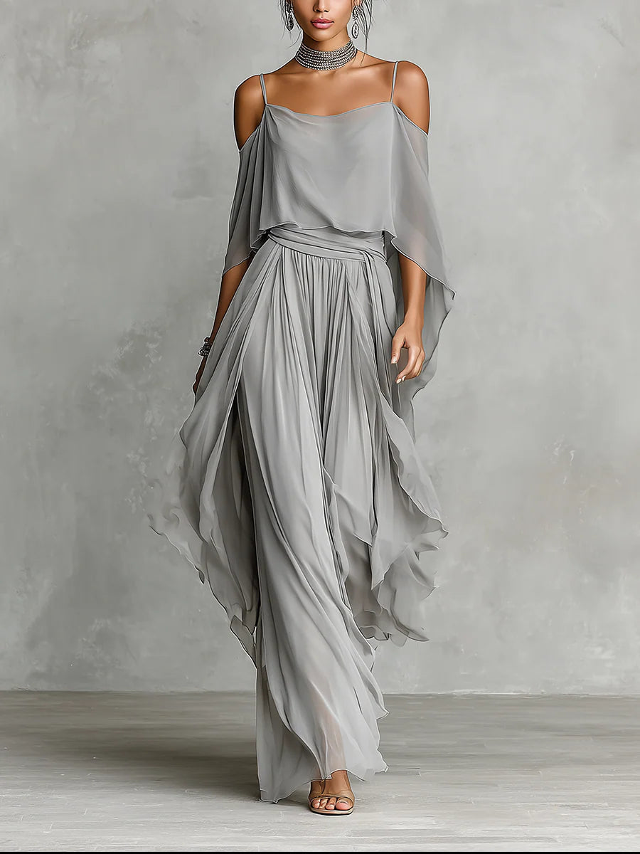 Isabella | Grey Flowing Top & Chiffon Pants Set • S1