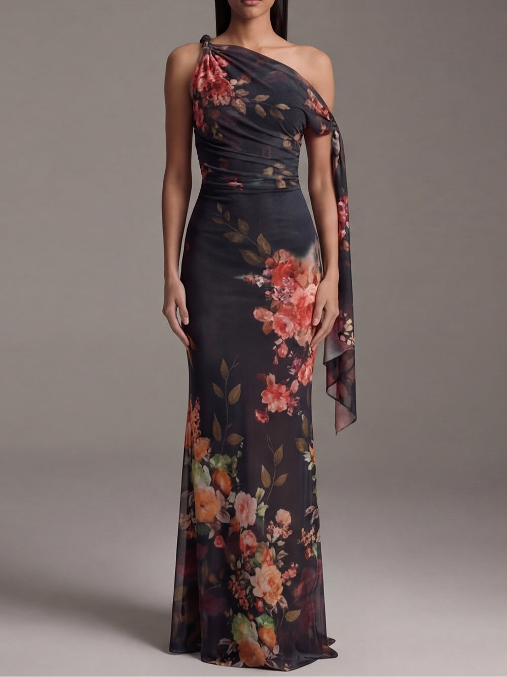 Black Maxi Pleated Dress with One Shoulder