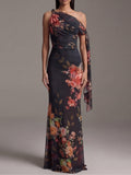 Black Maxi Pleated Dress with One Shoulder