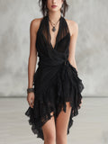 Black Lace Mini Dress with Halter Neck and Ruffles