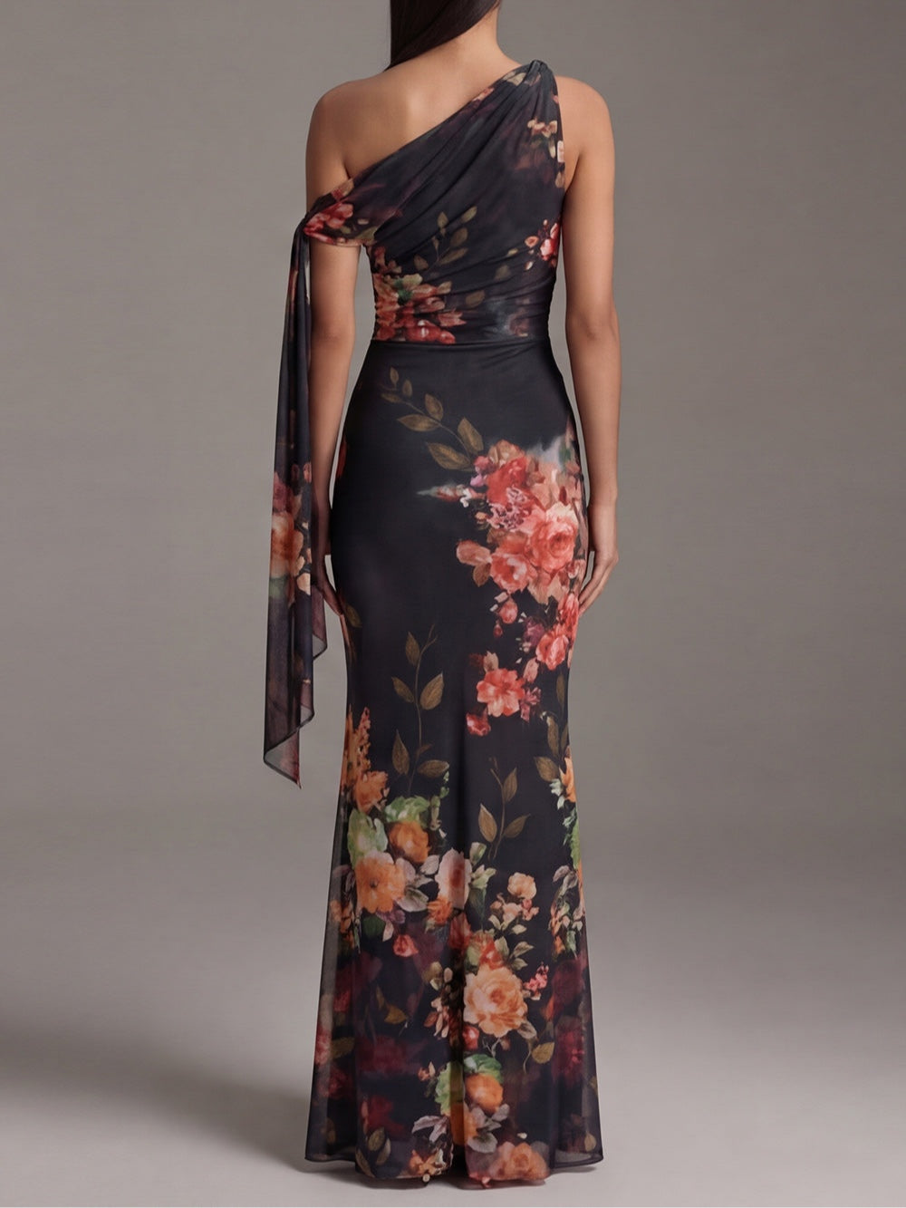Black Maxi Pleated Dress with One Shoulder