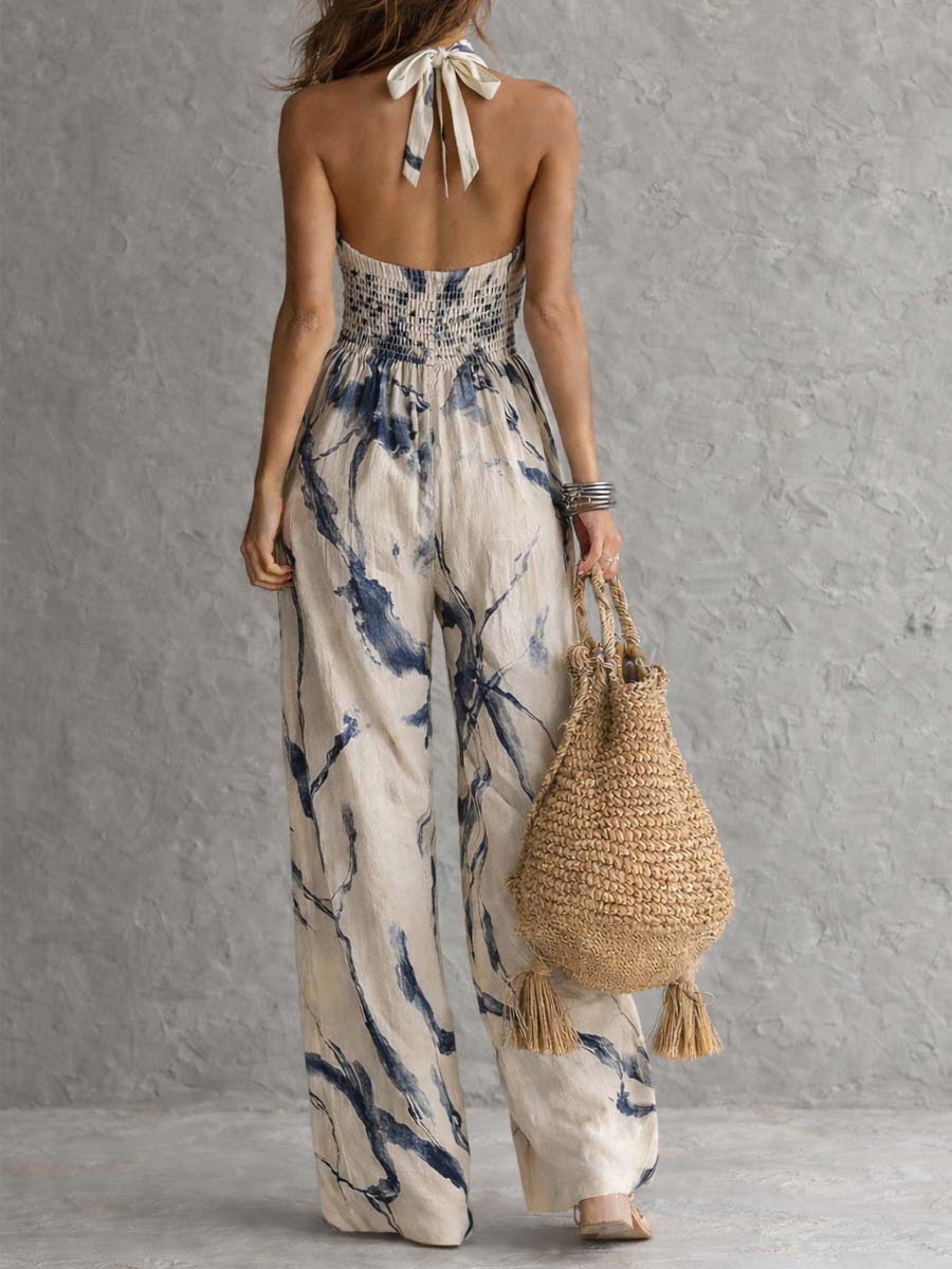 Halter Neck Jumpsuit with Ink Print