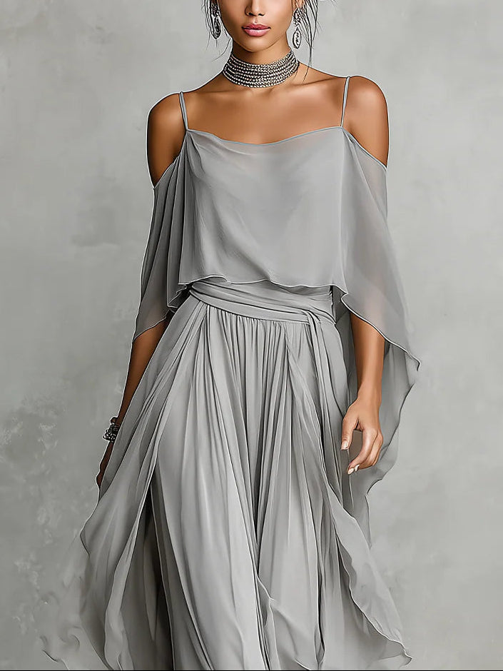 Isabella | Grey Flowing Top & Chiffon Pants Set • S1