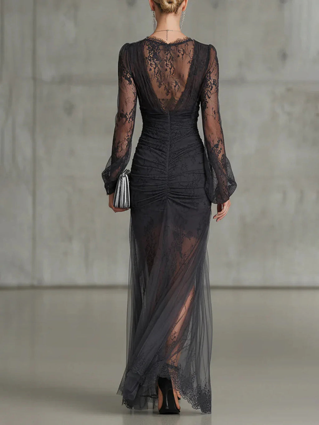 Dark Grey Maxi Lace Dress with Long Sleeves and Split
