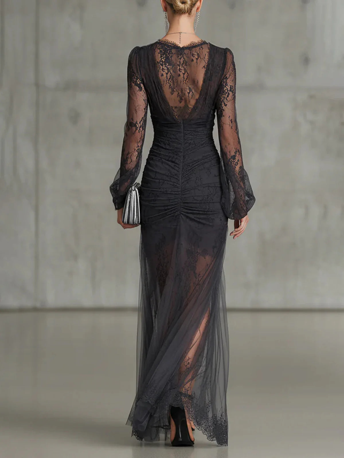 Dark Grey Maxi Lace Dress with Long Sleeves and Split