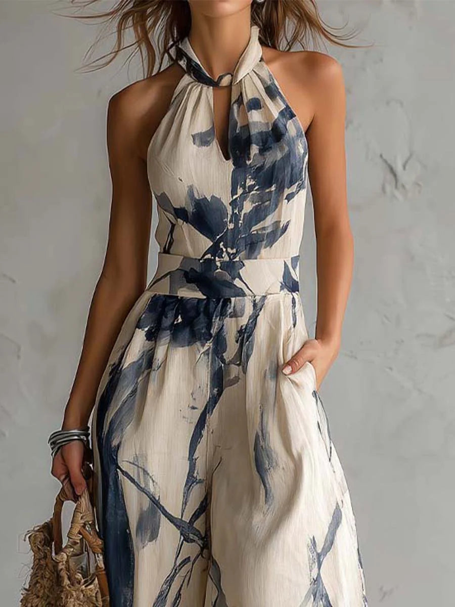 Halter Neck Jumpsuit with Ink Print