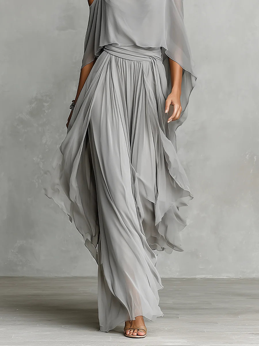 Isabella | Grey Flowing Top & Chiffon Pants Set • S1