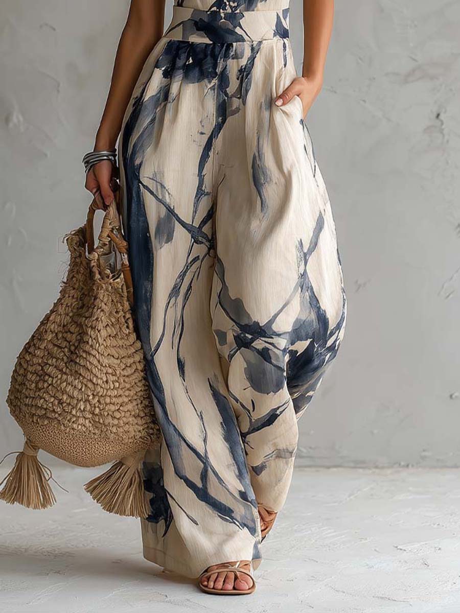 Halter Neck Jumpsuit with Ink Print