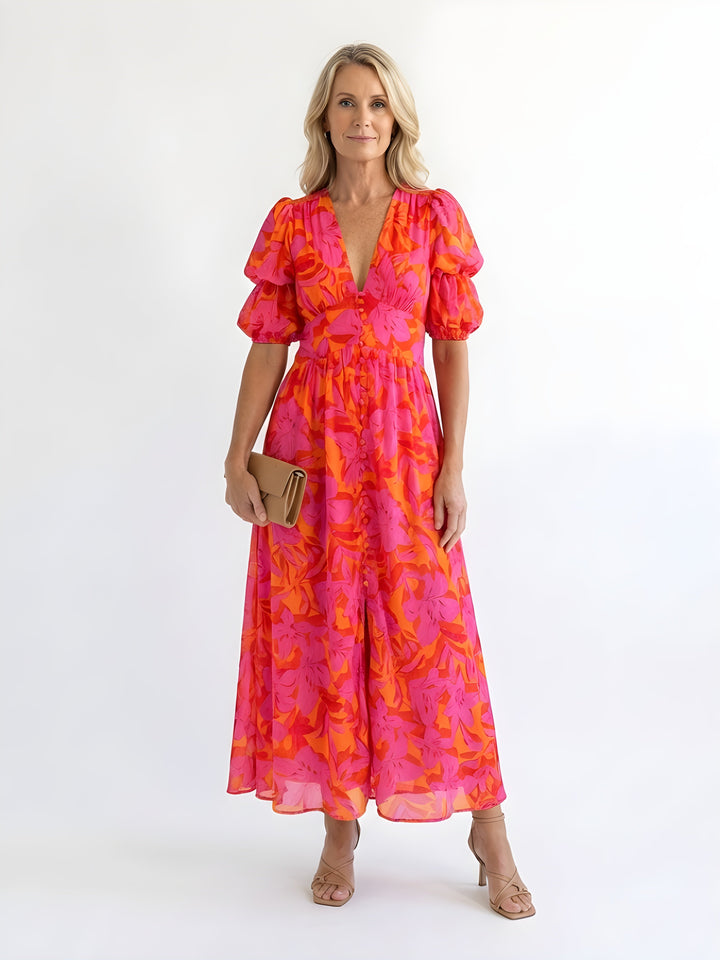 Samara | Floral V-Neck Puff Sleeve Midi Dress