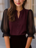 Valora - Sheer Puff Sleeve Button-Up Blouse