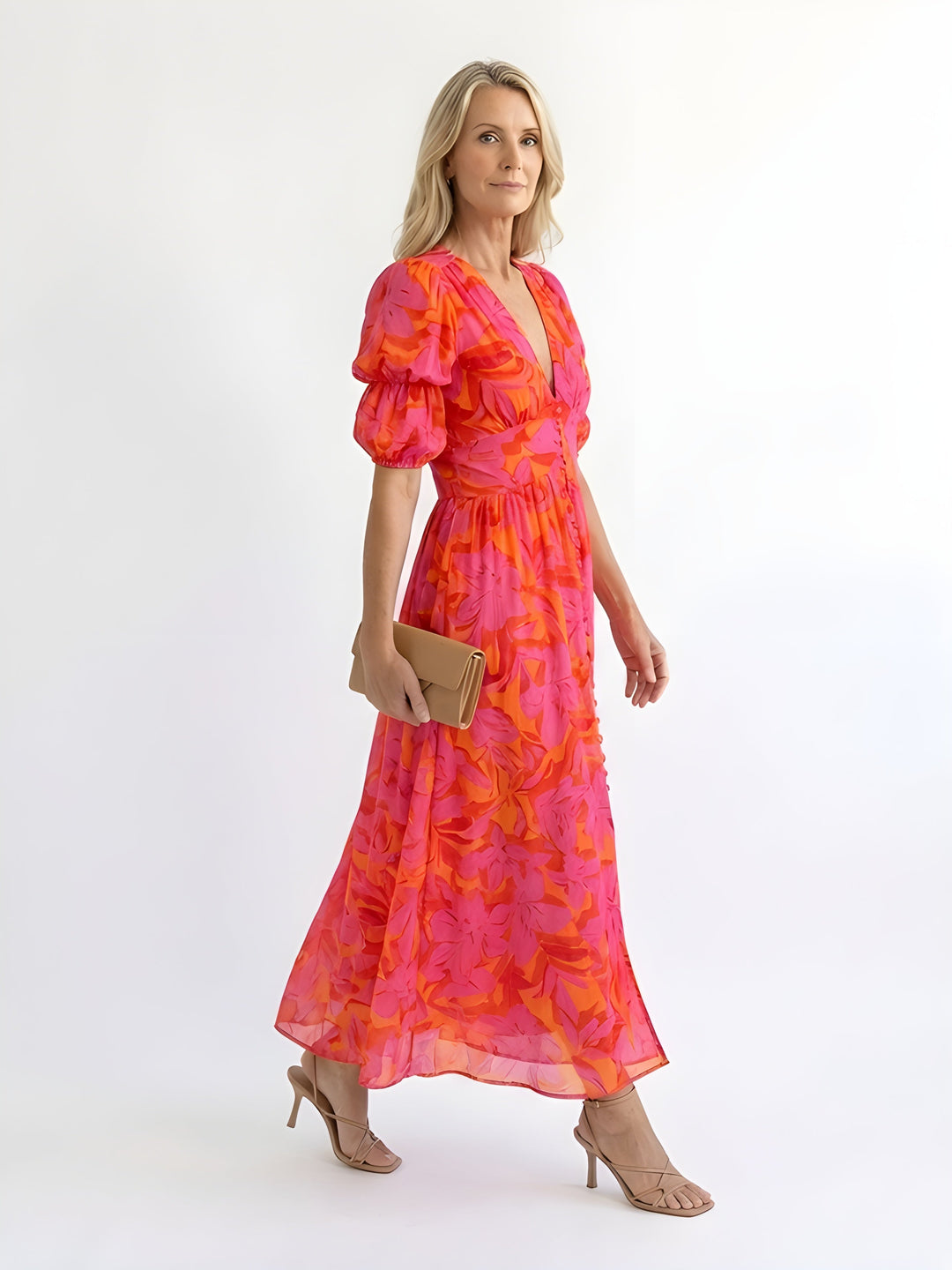 Samara | Floral V-Neck Puff Sleeve Midi Dress