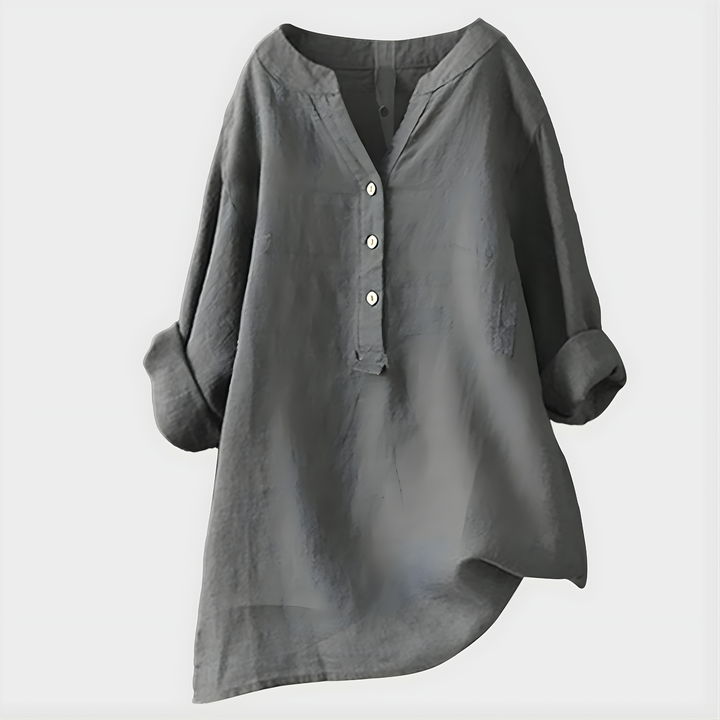 Veronique Elegant Cotton-Linen V-Neck Blouse