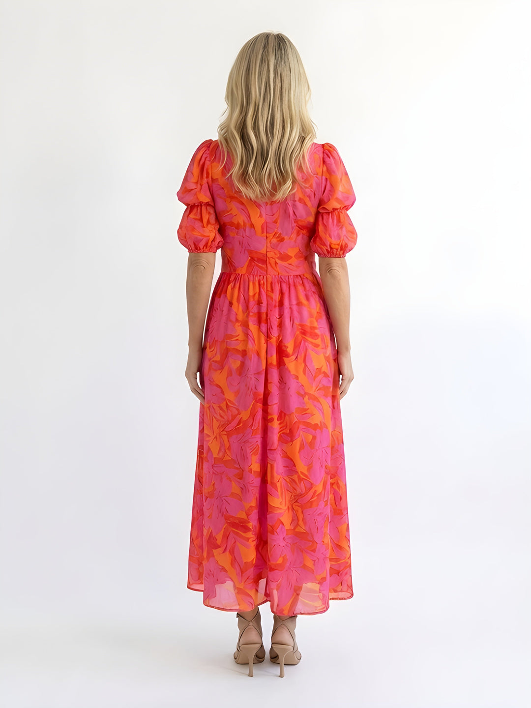 Samara | Floral V-Neck Puff Sleeve Midi Dress