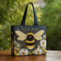 Handcrafted Tote Bag - Bee with Daisies and Stars