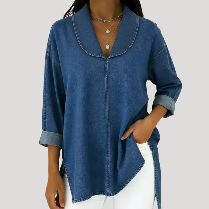 Camille™ Faux Denim Shawl Collar Blouse
