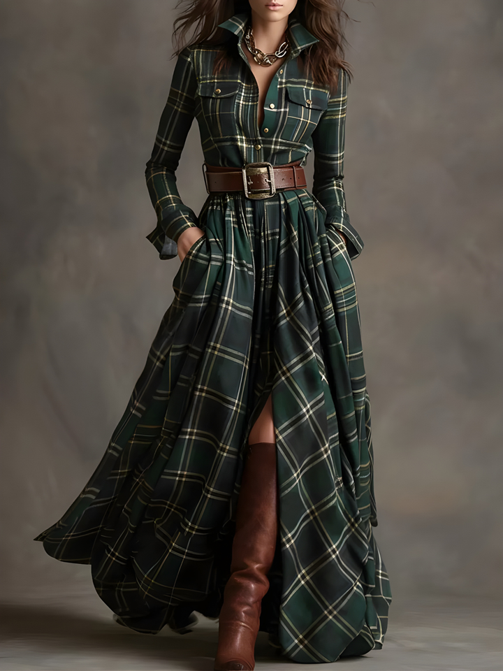 Elara™ Plaid Button-Front Maxi Dress