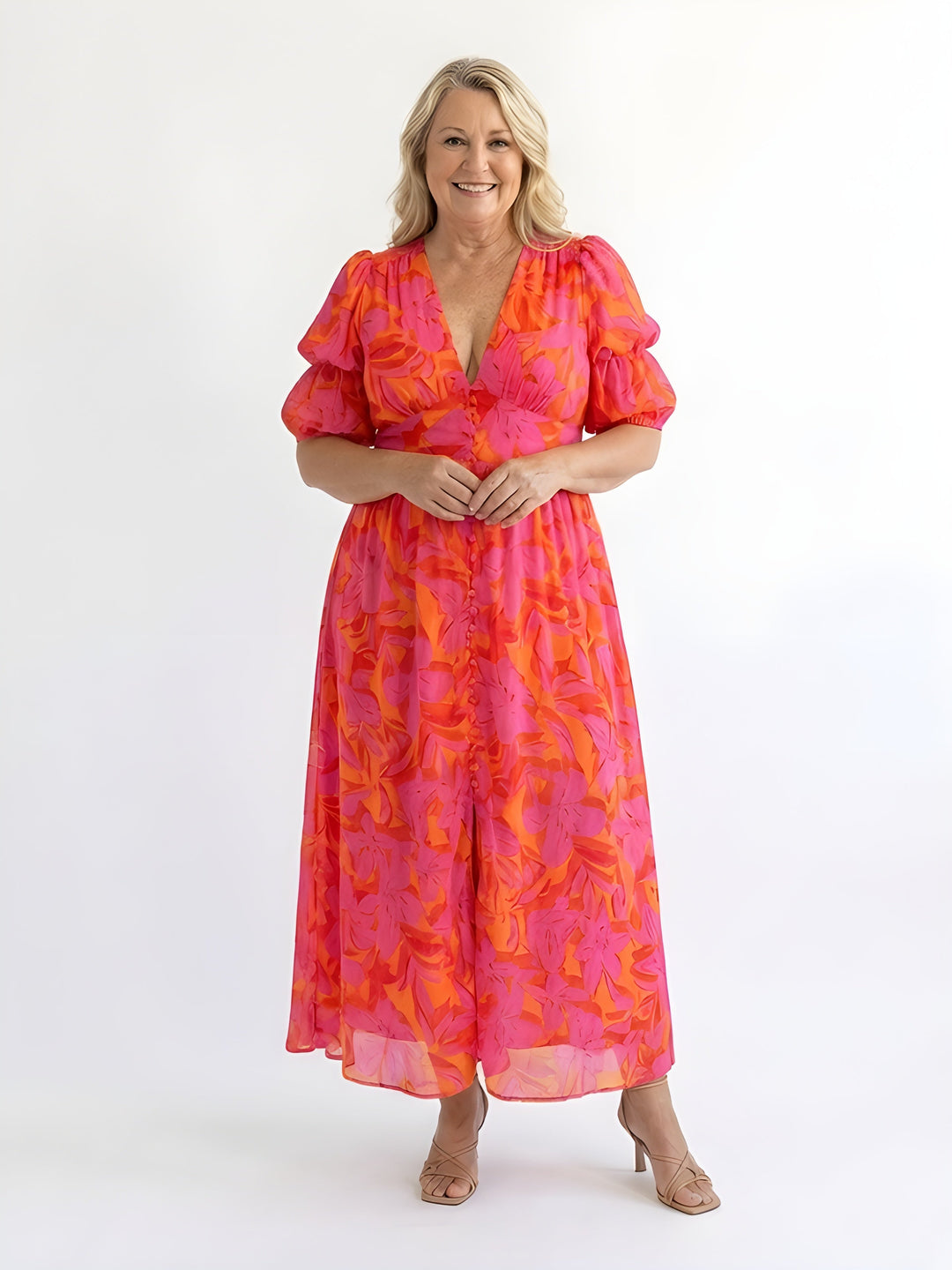 Samara | Floral V-Neck Puff Sleeve Midi Dress