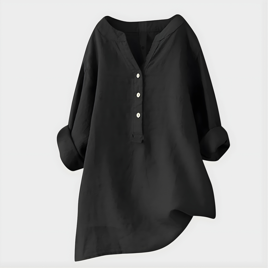 Veronique Elegant Cotton-Linen V-Neck Blouse