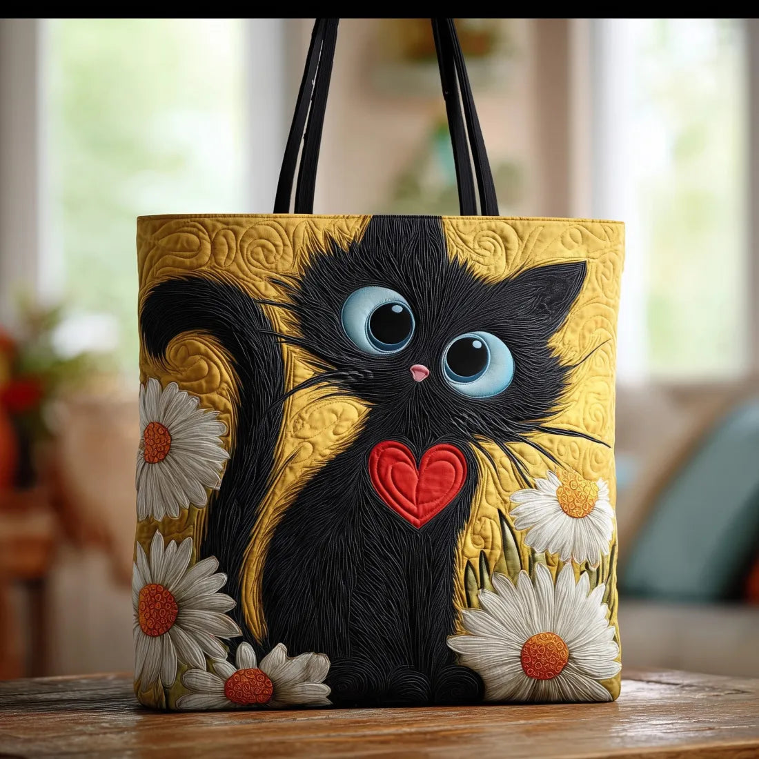 Handmade Tote Bag - Black Cat with Daisies