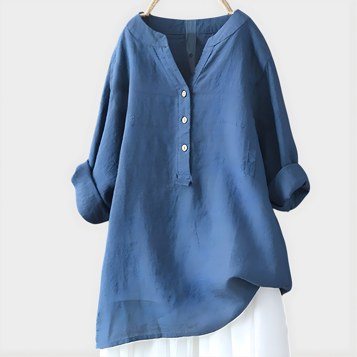 Veronique Elegant Cotton-Linen V-Neck Blouse