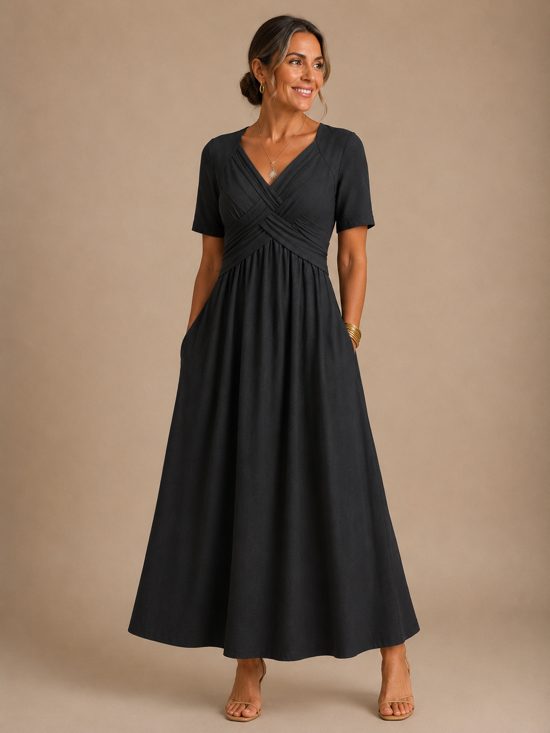 Analeia | Elegant V-Neck Midi Dress