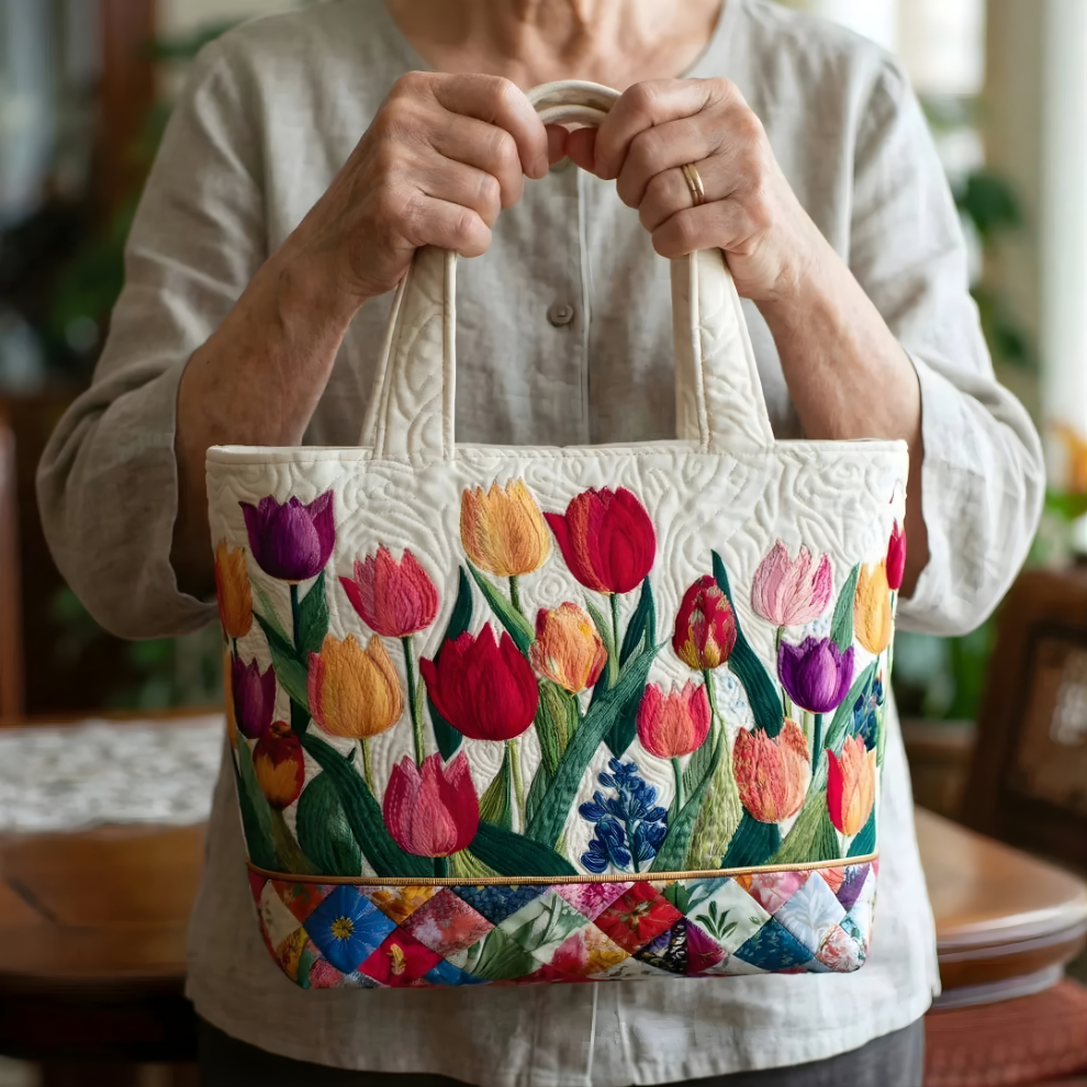 Colorful Tulip Garden Bloom | Handmade Quilted Tote