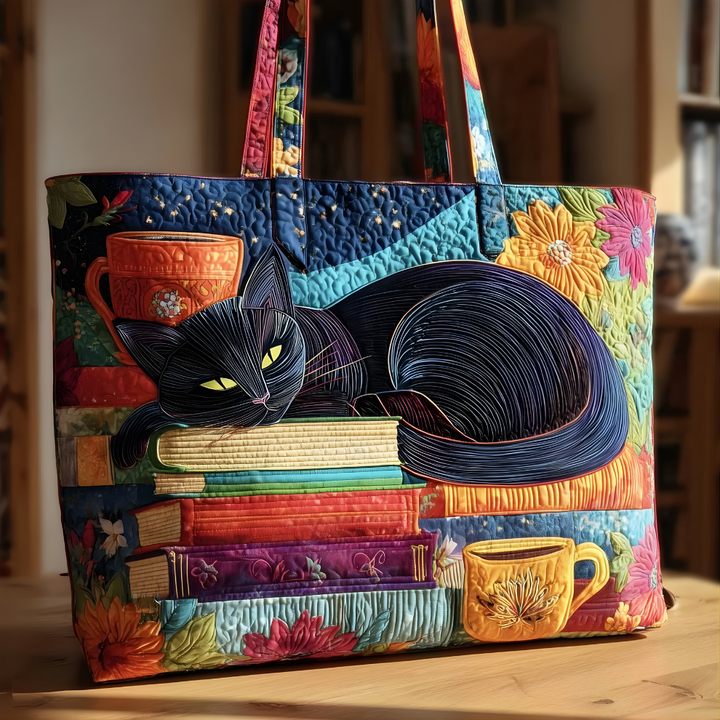 Cozy Black Cat Books &amp; Coffee | Handmade Quilted Tote