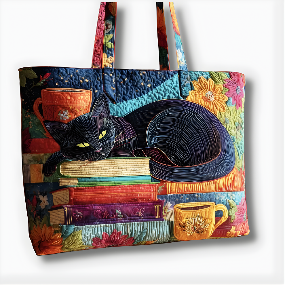 Cozy Black Cat Books &amp; Coffee | Handmade Quilted Tote