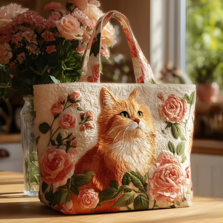 Elegant Ginger Cat &amp; Rose Garden | Handmade Quilted Tote