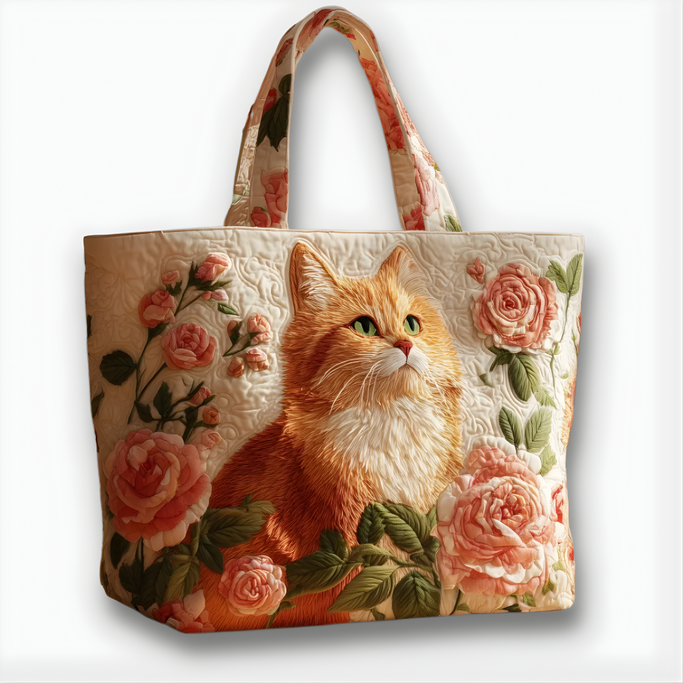 Elegant Ginger Cat &amp; Rose Garden | Handmade Quilted Tote