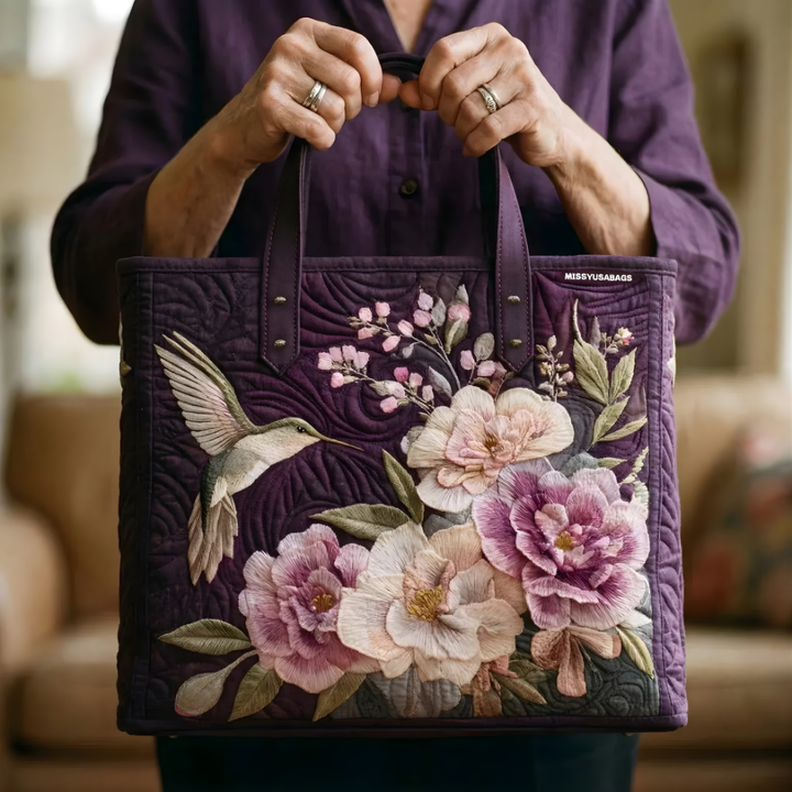 Elegant Hummingbird Floral Bloom | Handmade Quilted Tote