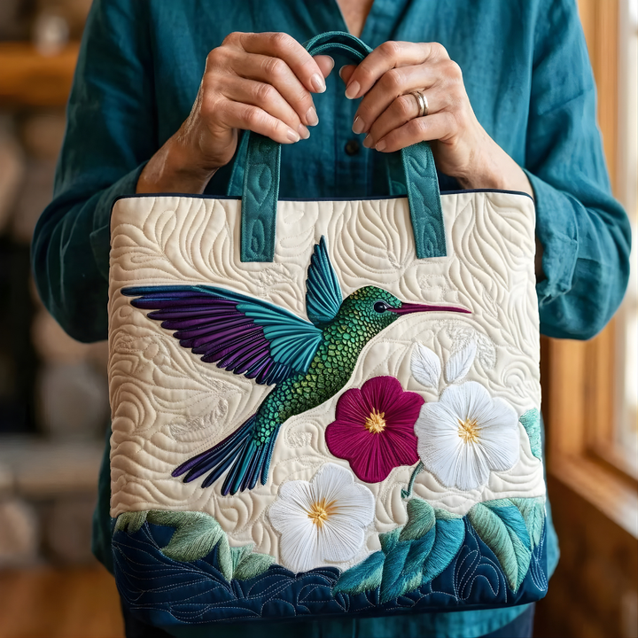 Emerald Hummingbird Bloom | Handmade Quilted Tote
