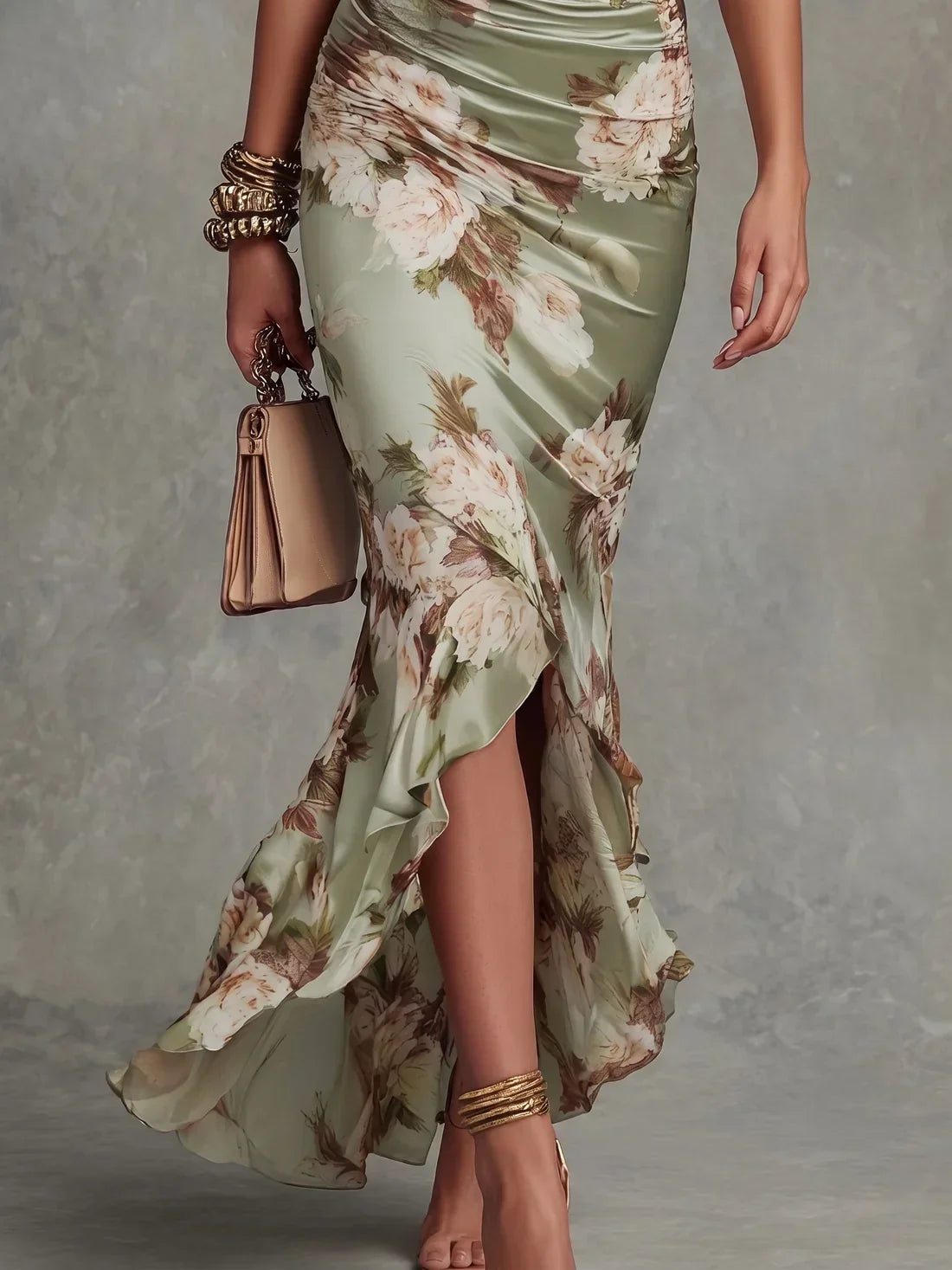 Floral Satin Ruched Maxi Dress with Ruffle Hem