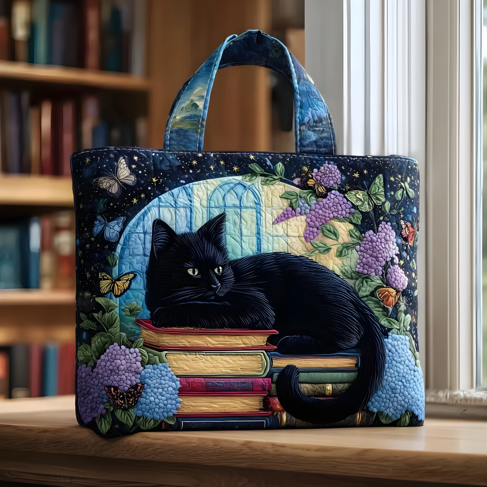 Midnight Black Cat &amp; Book Garden | Handmade Quilted Tote