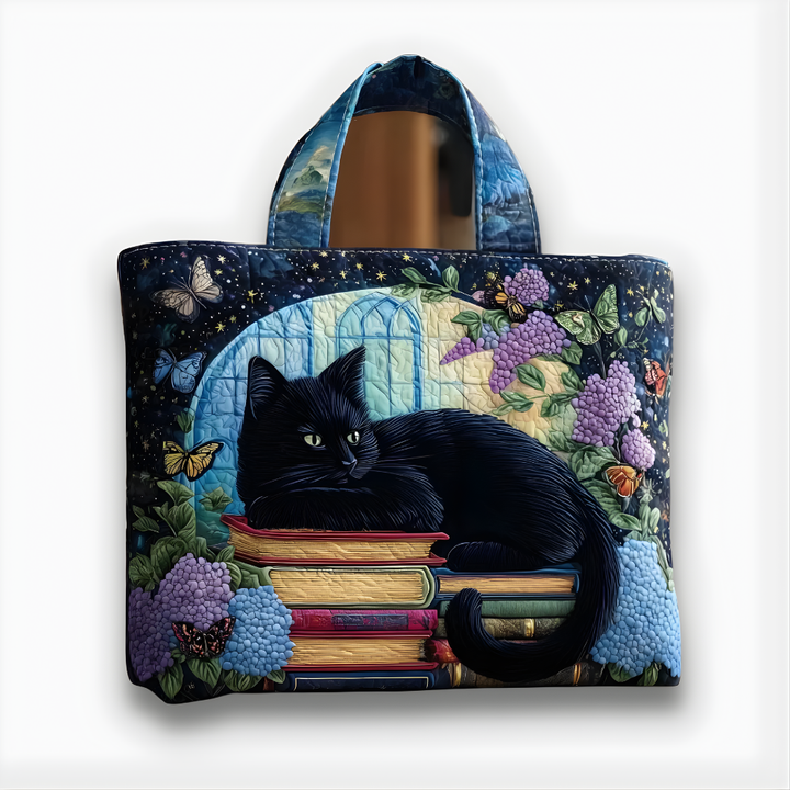 Midnight Black Cat &amp; Book Garden | Handmade Quilted Tote