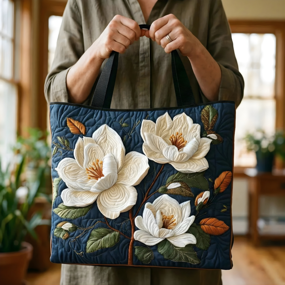 Midnight Magnolia Elegance | Handmade Quilted Tote