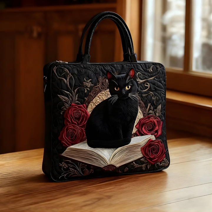 Midnight Rose Book Cat | Handmade Quilted Tote