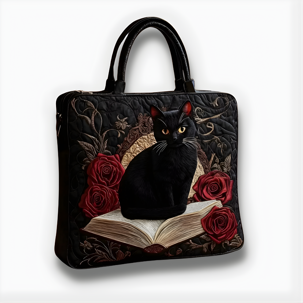 Midnight Rose Book Cat | Handmade Quilted Tote