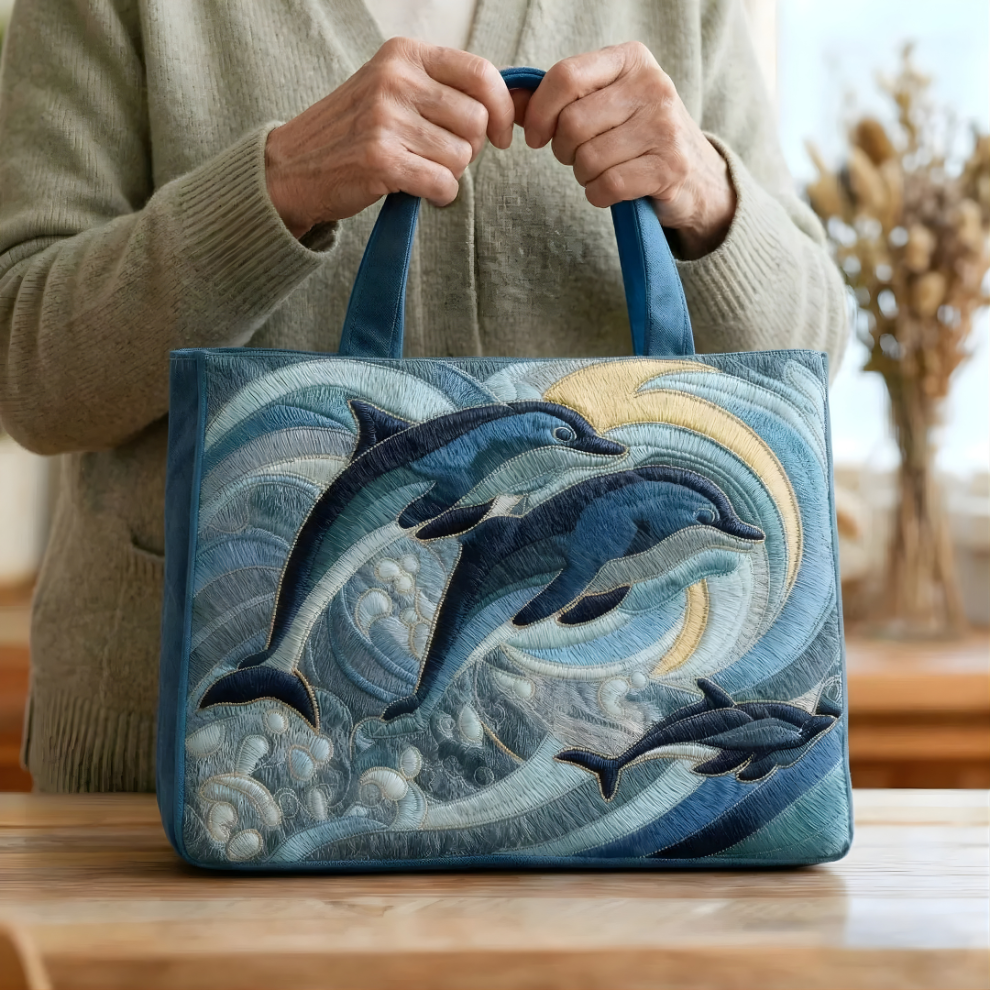 Ocean Harmony Dolphins | Handmade Quilted Tote