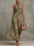 Leah - Green Floral Chiffon Maxi Dress with Halter Neckline
