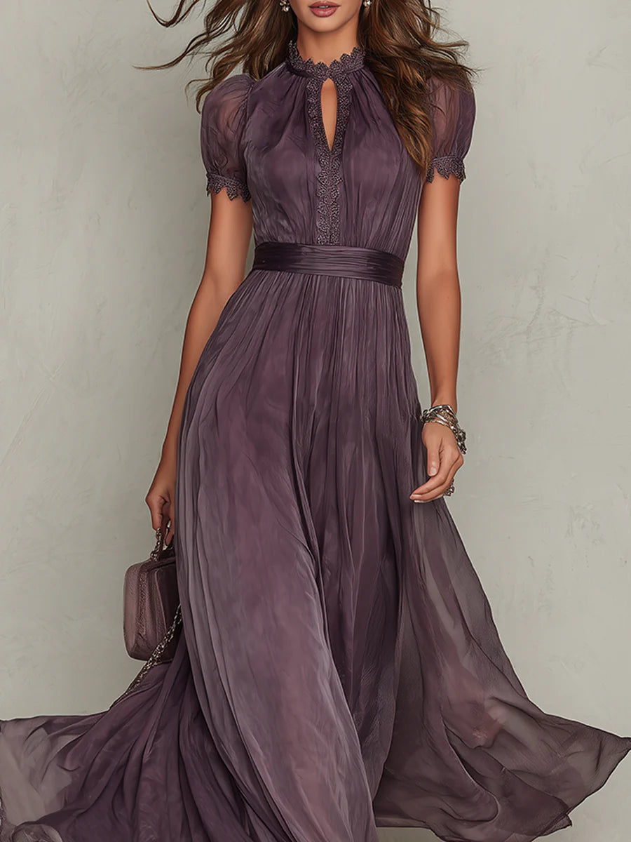 Maxi Chiffon Dress with Keyhole Neckline in Purple