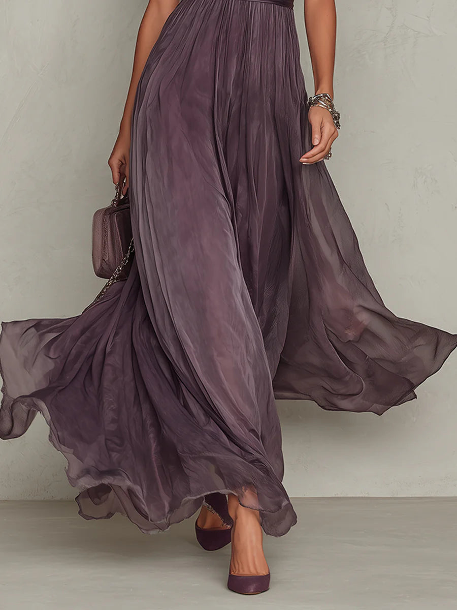 Maxi Chiffon Dress with Keyhole Neckline in Purple