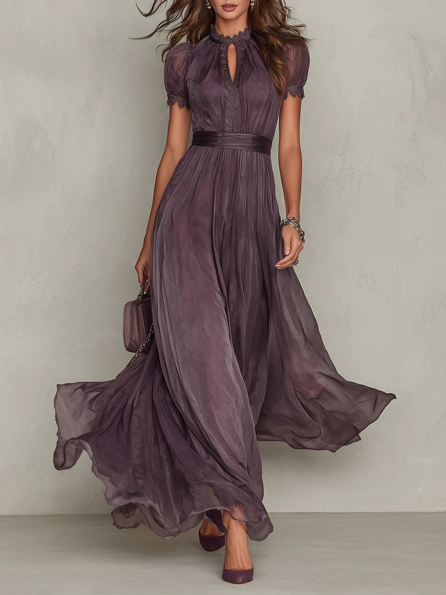 Maxi Chiffon Dress with Keyhole Neckline in Purple