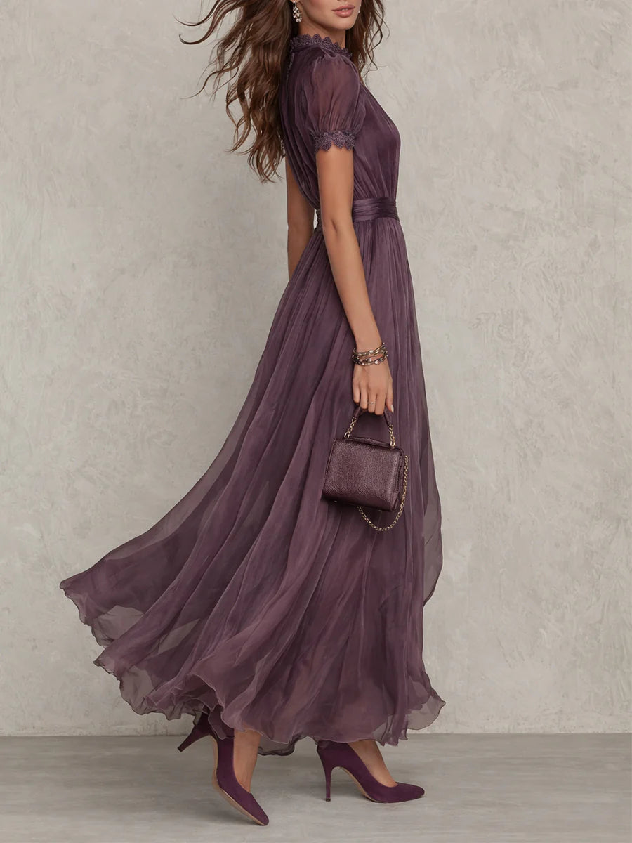 Maxi Chiffon Dress with Keyhole Neckline in Purple