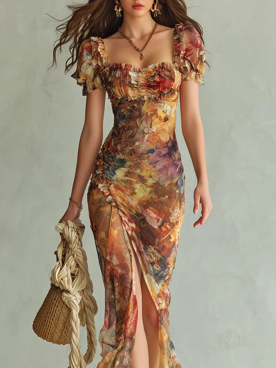 Orange Chiffon Maxi Dress with Oil Print