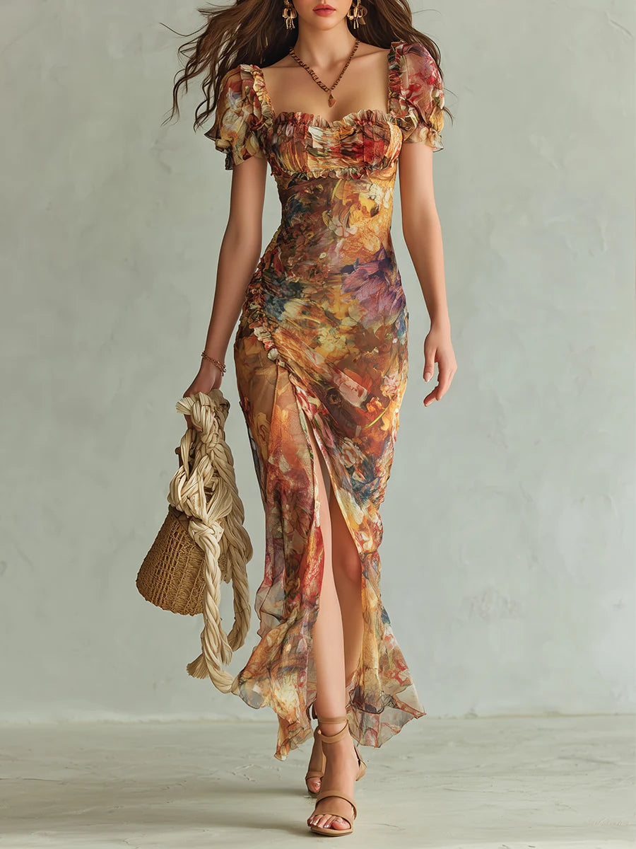 Orange Chiffon Maxi Dress with Oil Print