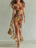 Orange Chiffon Maxi Dress with Oil Print