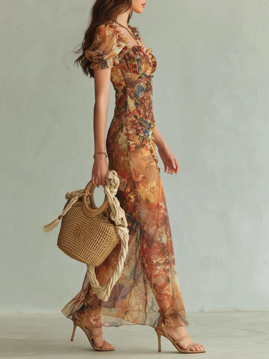 Orange Chiffon Maxi Dress with Oil Print