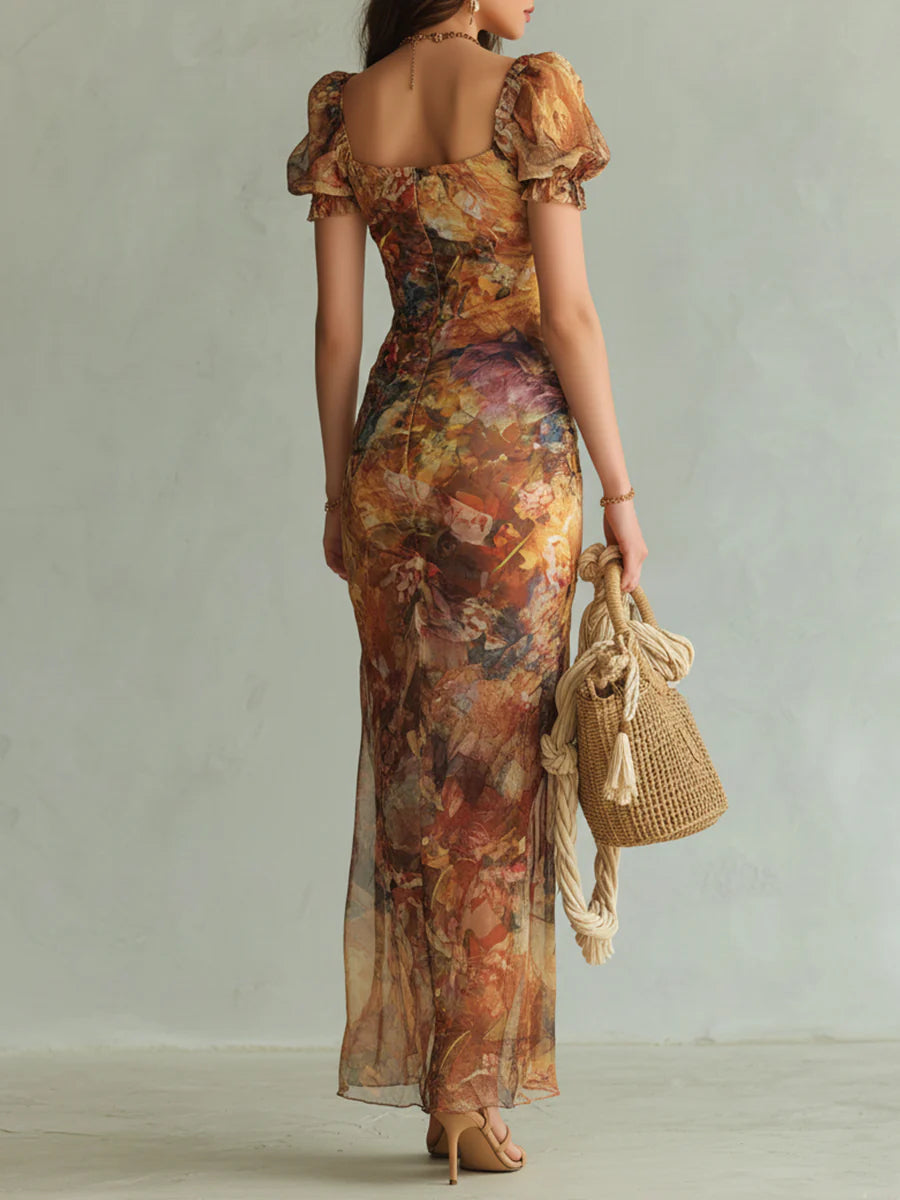 Orange Chiffon Maxi Dress with Oil Print